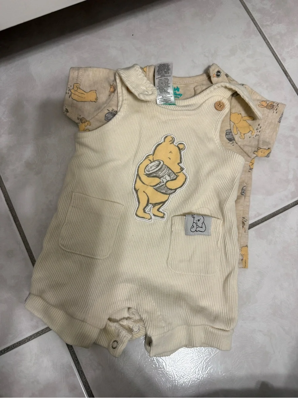 Disney Beige Winnie the Pooh Short Sleeve Tee and Cream Overalls One-Piece